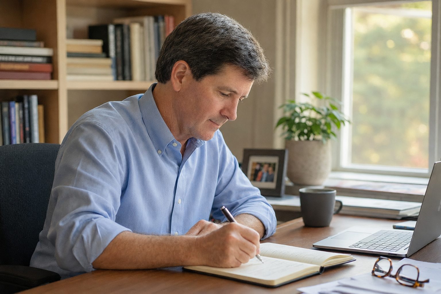 Rosser Newton writing by hand in an open notebook at a desk, a shelf of books behind him